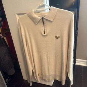 Men's Beige Zip-Up Sweater with Embroidered Logo